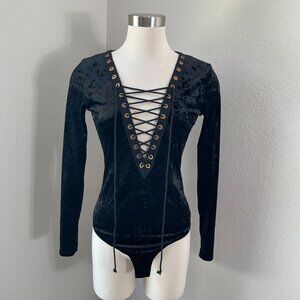Vintage Y2K Windsor Womens Medium Black Velvet Lace Up Bodysuit Goth Vamp